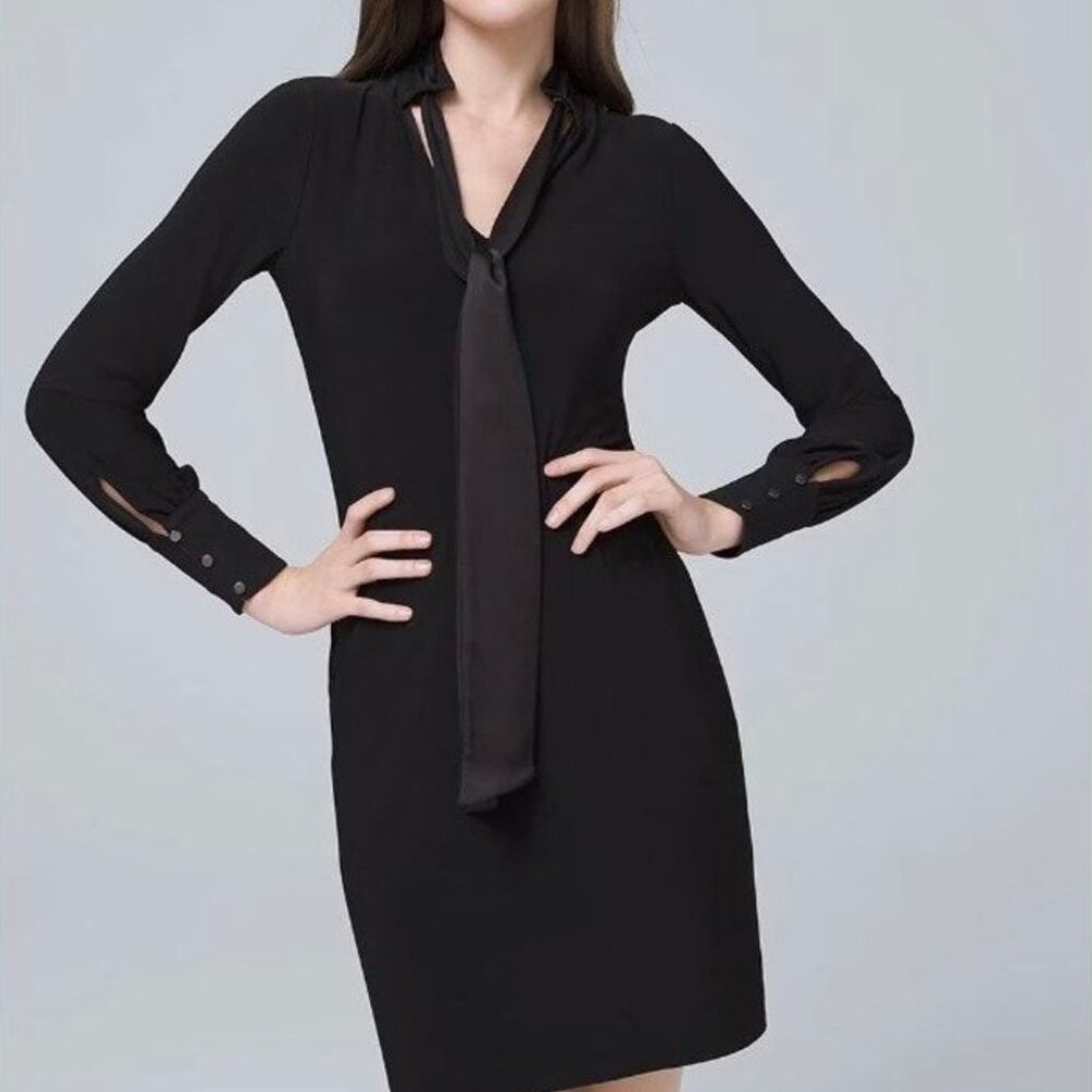 White House Black Market WHBM Tie Neck Shift Dress Black Long Sleeve XXS NWT